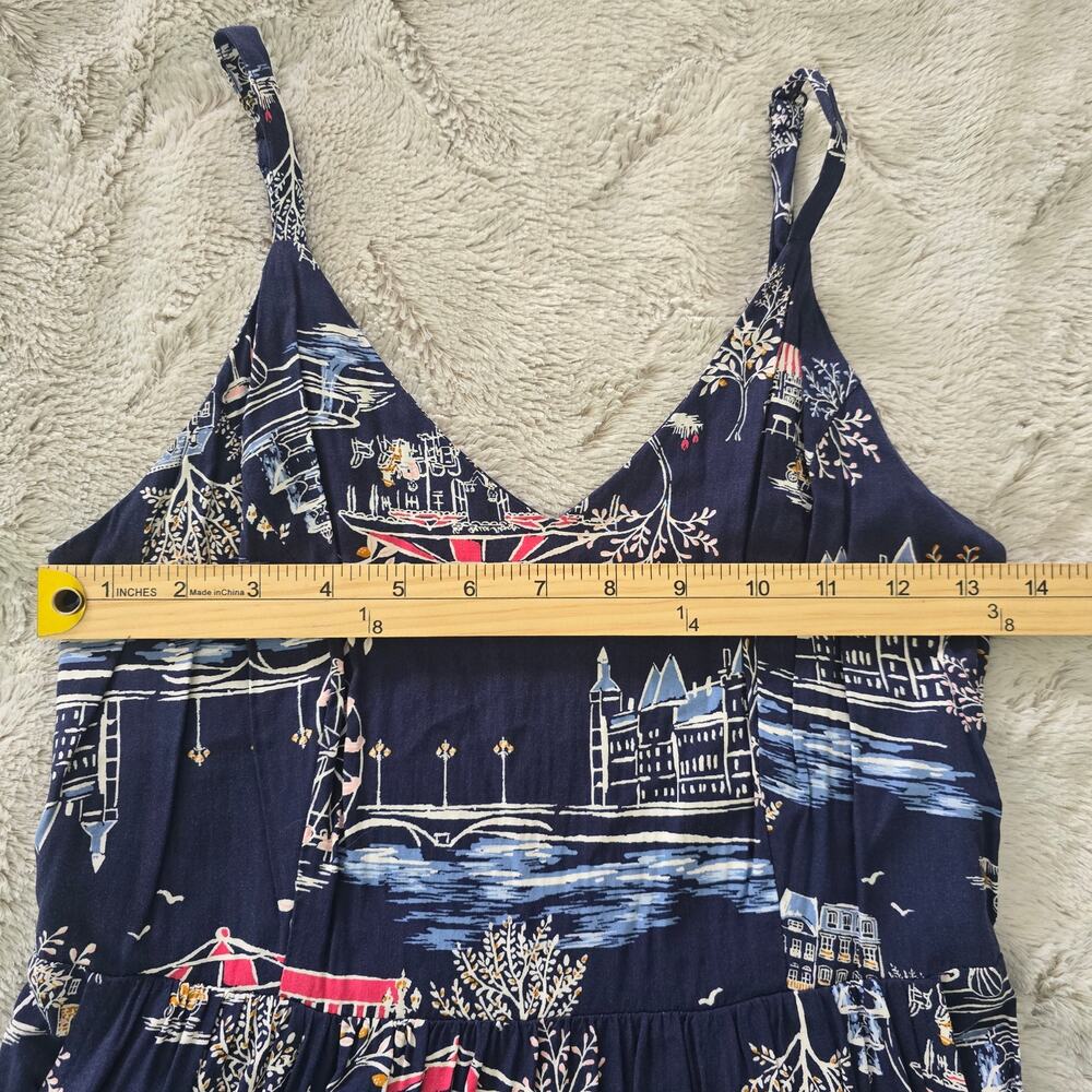Old Navy Blue Scenic Print Midi Dress Sz S Strapy sleeves Tropical Resortwear - Picture 5 of 8